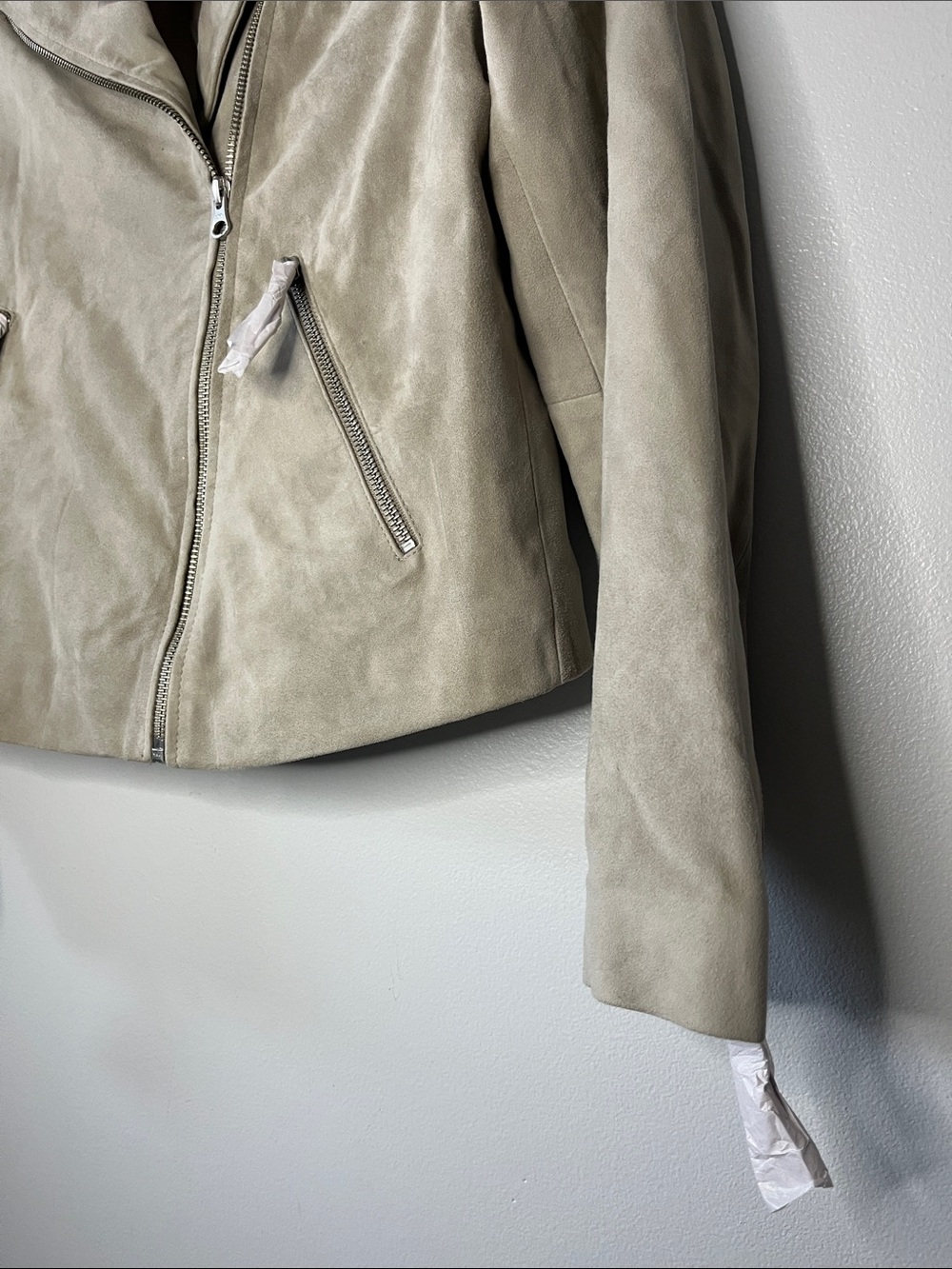 Quince Suade goat Leather Jacket small grey sand biker side zip jacket - Picture 5 of 13